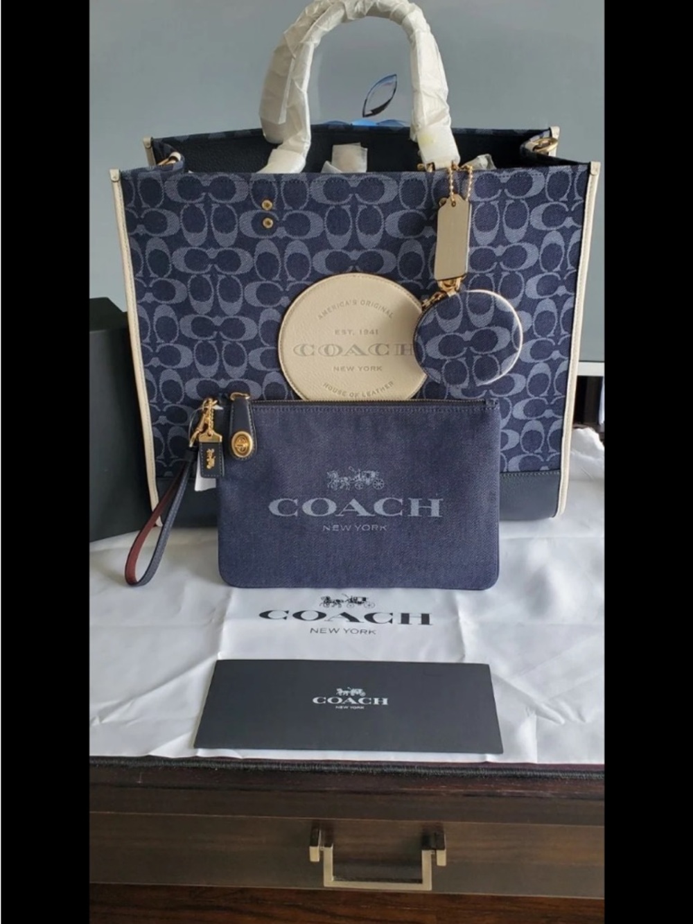 Coach Navy Signature Canvas Tote with Cream Trim and Navy Wristlet